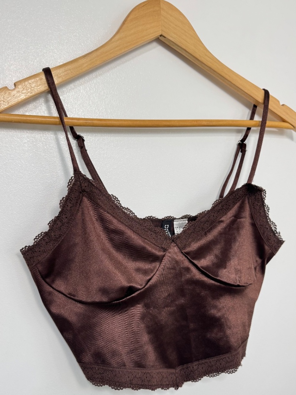 H&M DIVIDED Brown Satin Lace Trim Camisole Crop Top S